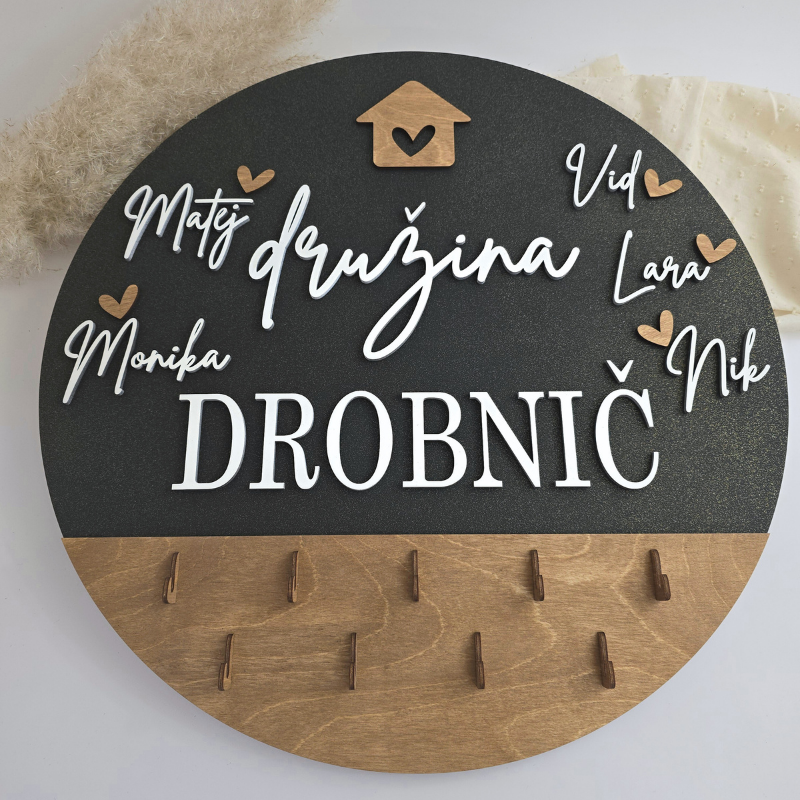 dekoracija_napisi_darilo_deske (54) Obešalo za ključe družina z imeni - slika 1