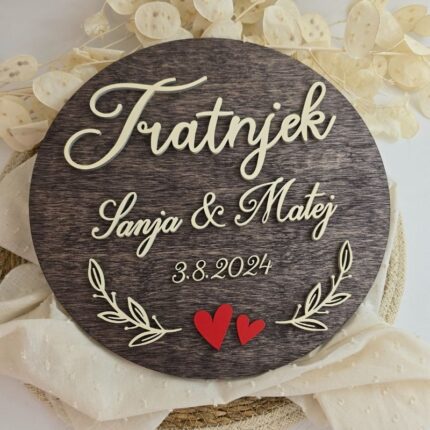 Poročno darilo - tabla srčka in priimek